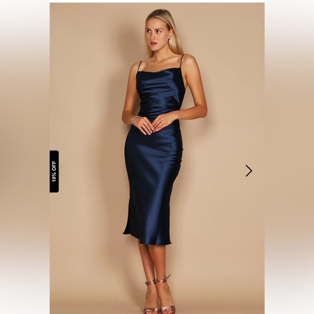 Cowl Neck Satin Midi Slip Dress Navy Blue